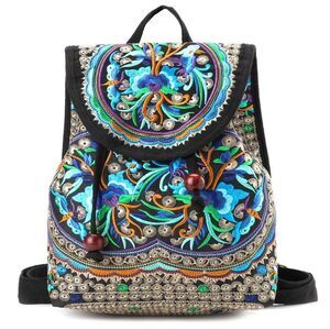 Goodhan Embroidered Bohemian Canvas Backpack Purse Blue/Purple Floral EUC